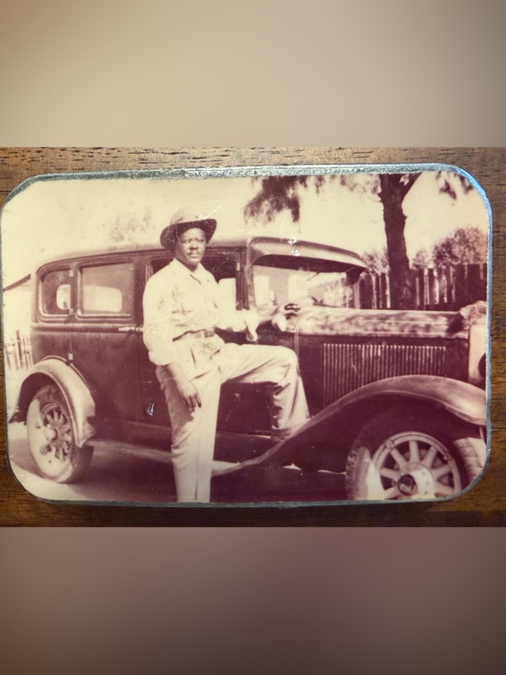 Upcycled Belt Buckle - Man with Classic Car